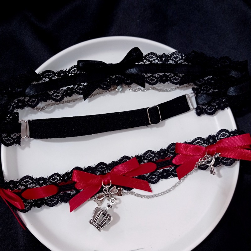 Garter Belt Set - เครื่องประดับร่างกายแบบโซ่ขาปรับได้ ยืดหยุ่น สีดำ แต่งโบว์ลูกไม้ มงกุฎ สำหรับผู้หญิง