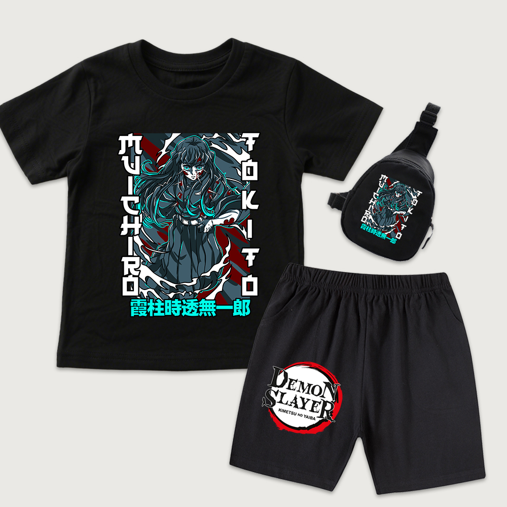 Boyshort Underwear - เสื้อยืดผ้าฝ้ายลายอนิเมะดาบพิฆาตอสูร มุอิจิโระ โทคิโตะ สำหรับเด็ก พร้อมกางเกงขาสั้น และกระเป๋าคาดอกขนาดเล็ก