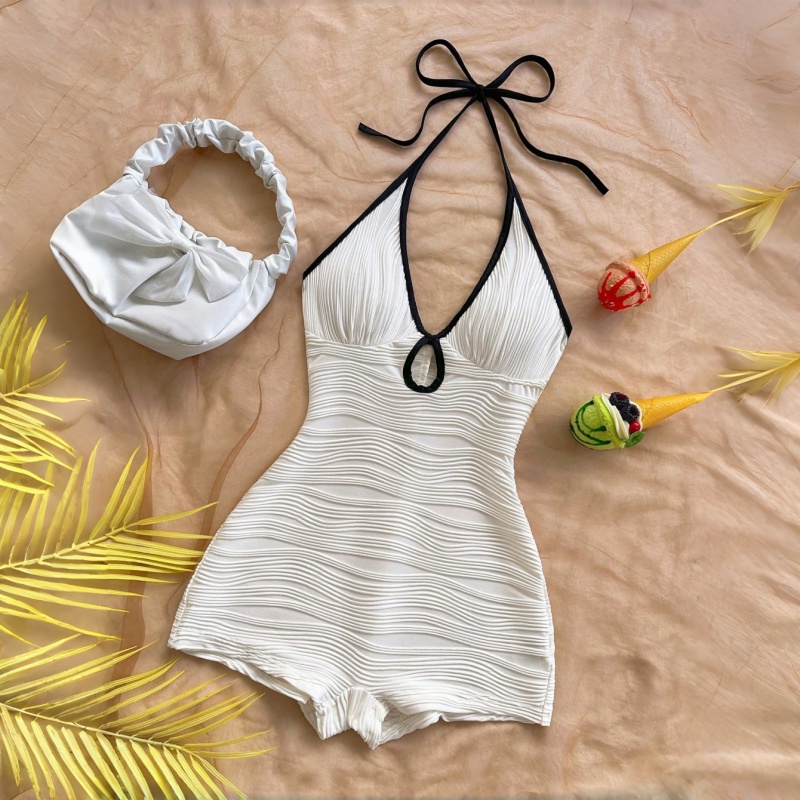 Shapewear Bodysuit Firm - บอดี้สูทแบบผูกคอ | ชุดกระชับสัดส่วนสำหรับผู้หญิงสไตล์ Y2K | ชุดชายหาดสีดำขาวแบบเรียบสำหรับฤดูร้อน