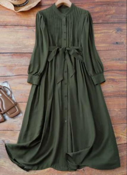 เดรสเชิ้ตยาวทรงพลีทสีเขียวขี้ม - Corset Waist Cinch บทวิจารณ์และราคา